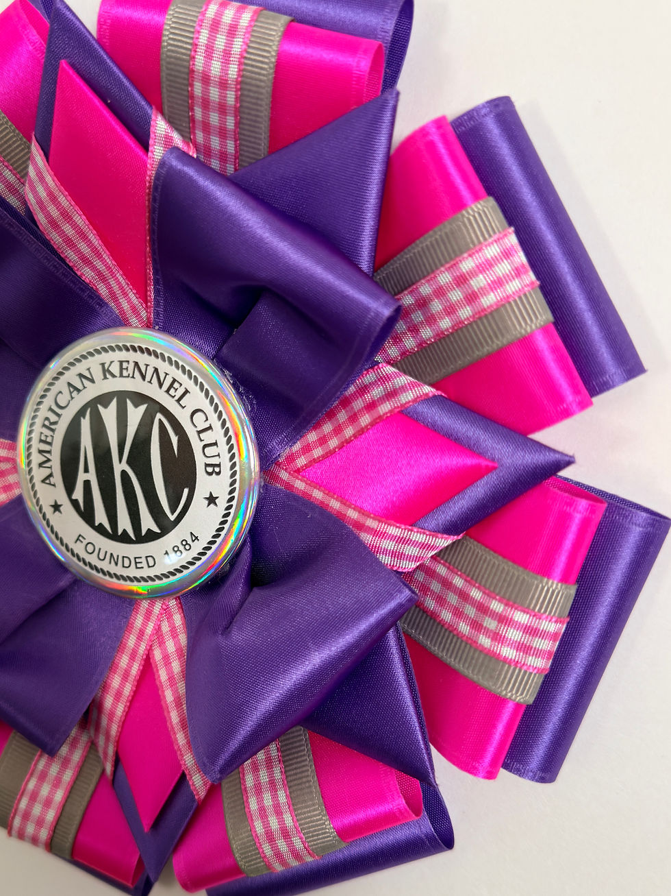 Thumbnail: Signature Sample - Gingham in Purple and Hot Pink with AKC Button - 7" Rosette