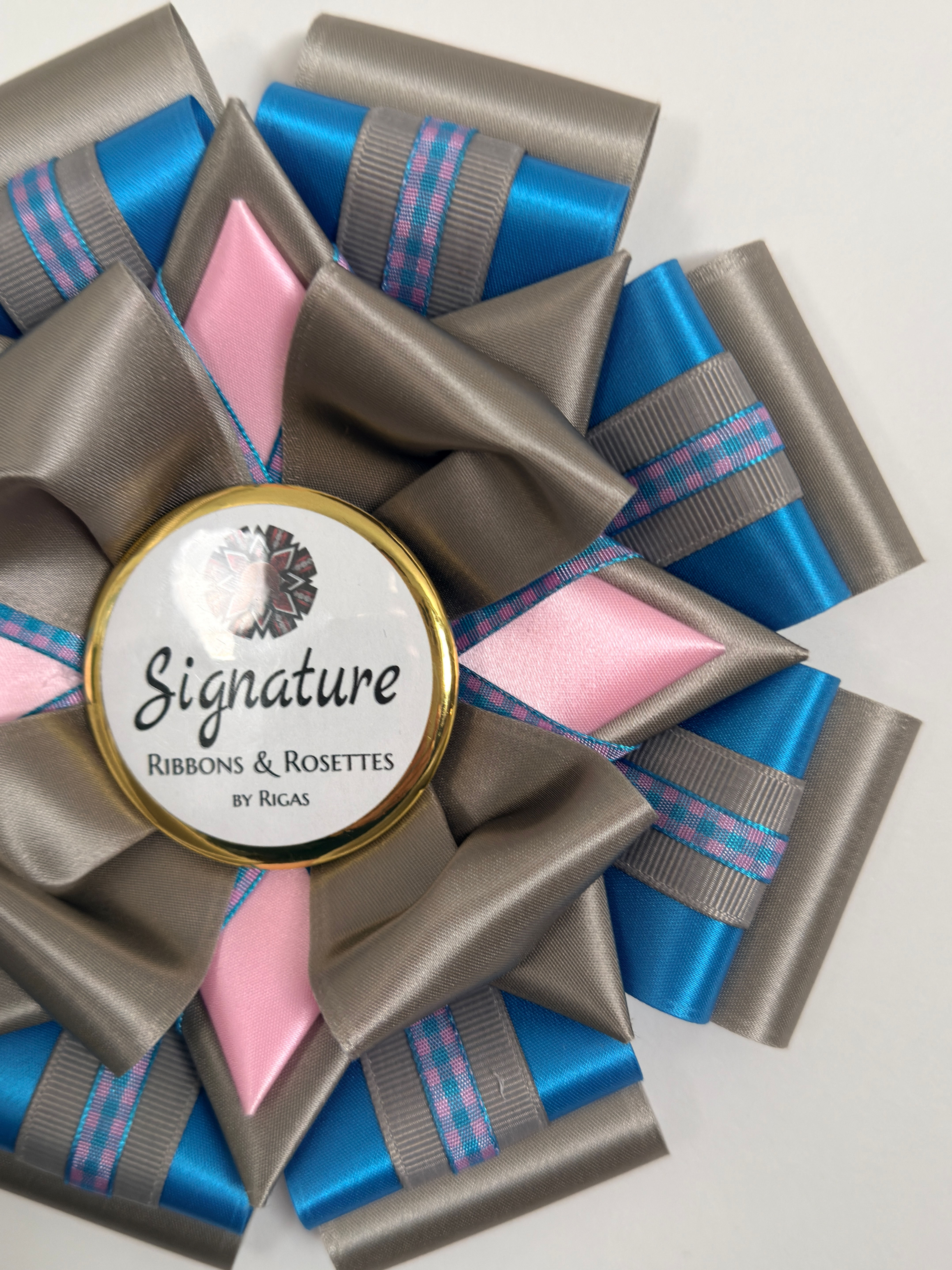 Signature Sample - Gingham in Island Blue, Candy Pink and Gray - 7.5" Rosette