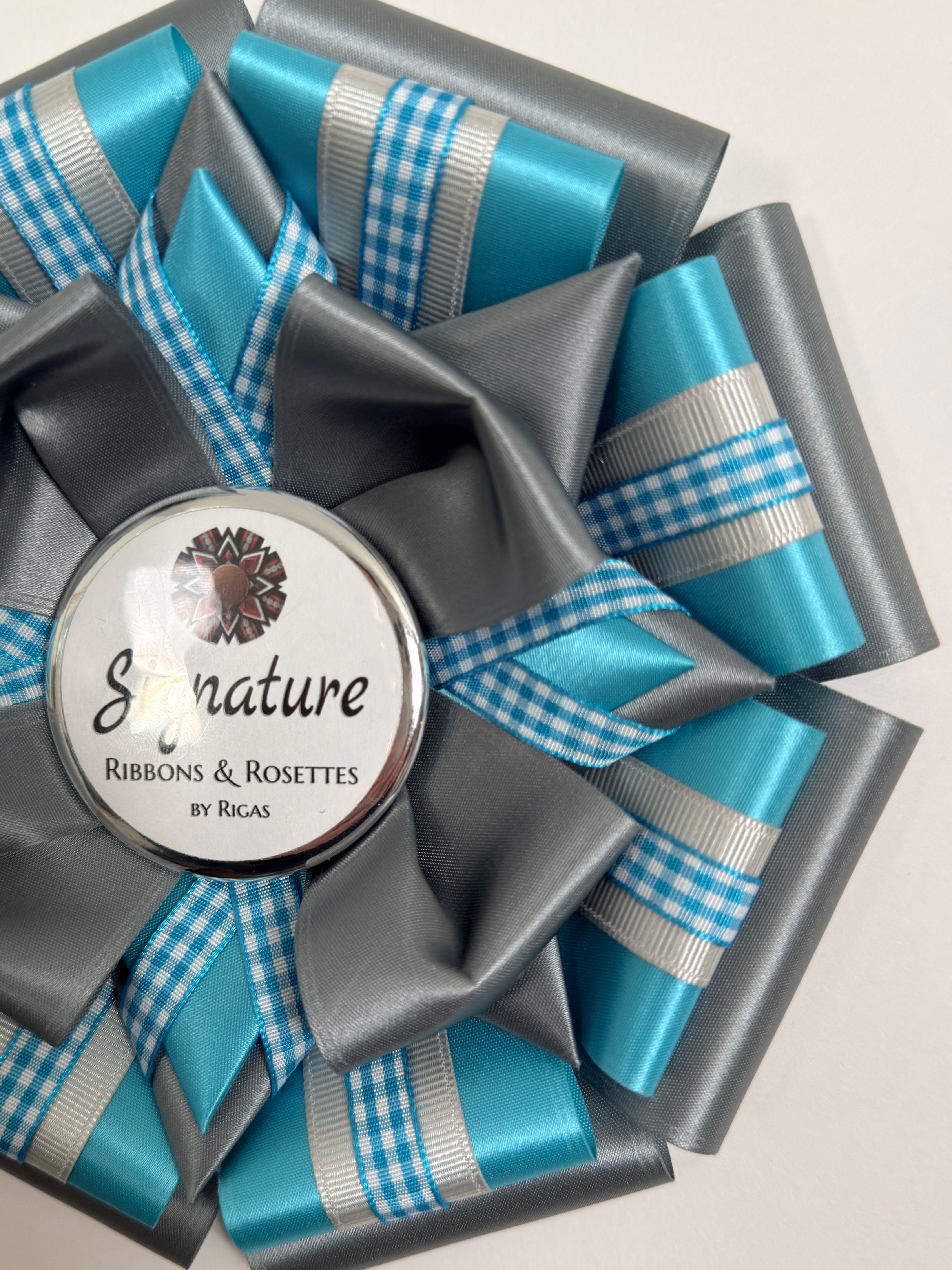 Signature Sample - Gingham in Turquoise and Gray - 7.5" Rosette