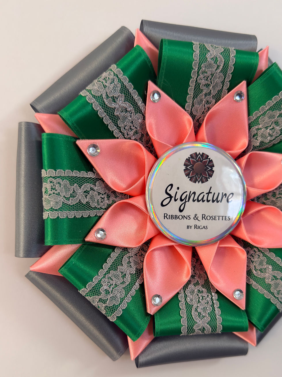 Thumbnail: Signature Sample - in Grassroots, Pink and Gray - 7" Rosette