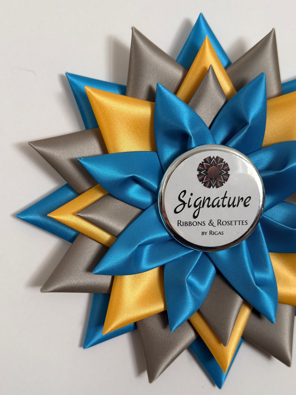 Thumbnail: Signature Sample - Star in Island Blue, Grey and Deep Gold - 7.5" Rosette