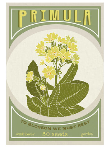 An A4 illustrated print of a seed packet design featuring yellow primula, vintage style lettering and a botanical quote