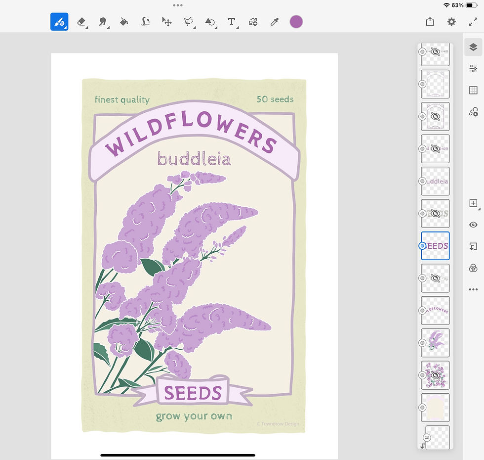 a screenshot of a digital art programme page with an illustration of pink buddleia flowers within a seed packet design