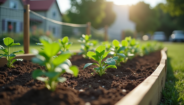 Eye-level view of a community garden bed with young green plants and protective fencing in Duncan