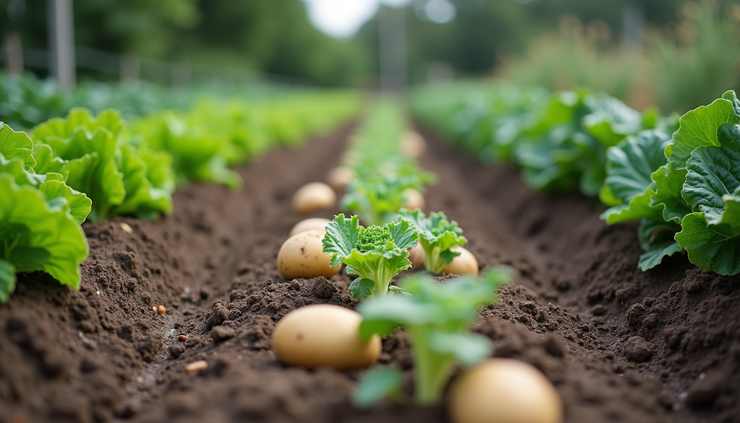 Eye-level view of a small vegetable garden with potatoes, lettuce, zucchini, and kale growing in neat rows