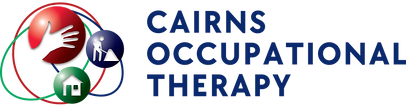 Cairns Occupational Therapy Logo has three images encircled by three rings. The images are of a hand, a worker and a house.