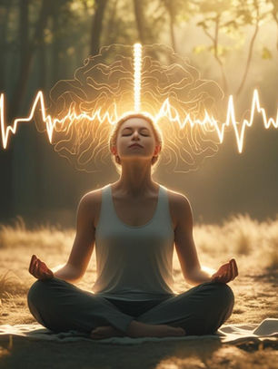 A person sitting in a calm, natural setting practicing deep breathing with their eyes closed. A subtle illustration of brain waves transitioning from chaotic to ordered patterns appears above them, representing the neural changes during emotional regulation.