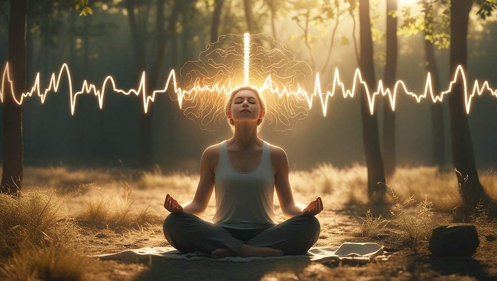 A person sitting in a calm, natural setting practicing deep breathing with their eyes closed. A subtle illustration of brain waves transitioning from chaotic to ordered patterns appears above them, representing the neural changes during emotional regulation.