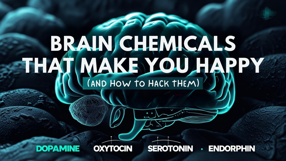 Digital illustration of a glowing cyan brain in profile view against a dark background with rocky terrain. The brain has a futuristic, wireframe-like appearance with bright blue-green highlights. Large white text overlays read 'BRAIN CHEMICALS THAT MAKE YOU HAPPY' with '(AND HOW TO HACK THEM)' in smaller text below. At the bottom, four neurochemicals are labeled in cyan text: 'DOPAMINE,' 'OXYTOCIN,' 'SEROTONIN,' and 'ENDORPHIN.' The overall aesthetic is modern and tech-inspired, suggesting a scientific or educational presentation about neuroscience and mood regulation