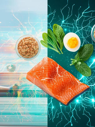 A split-screen image showing a teenager with energy on one side and a variety of B-vitamin-rich foods (eggs, salmon, leafy greens, whole grains) on the other side, connected by glowing neural pathways, representing how these nutrients fuel brain development during adolescence.
