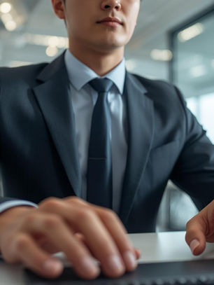 A professional in business attire sitting at a desk in an open office environment, eyes open with a subtle expression of calm focus. Their posture is upright but relaxed, hands resting on keyboard. Background shows typical office activity, suggesting the subject is practicing mindfulness discreetly while fully engaged in the workplace.