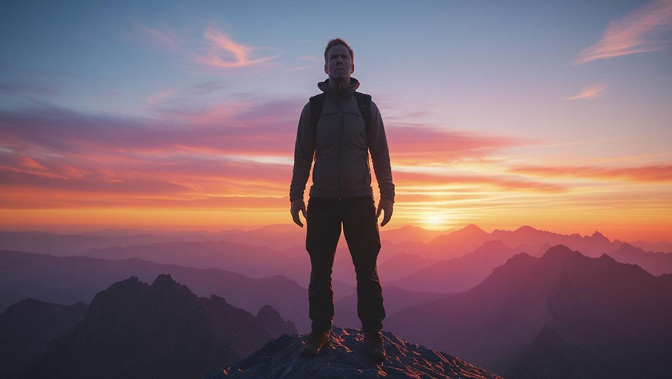 A person standing at a crossroads with multiple path options stretching ahead. Instead of looking overwhelmed, they appear contemplative and hopeful, examining a compass in their hand that points not to north, but to words like "values," "growth," and "contribution." Sunlight breaks through clouds above, symbolizing clarity emerging from confusion.
