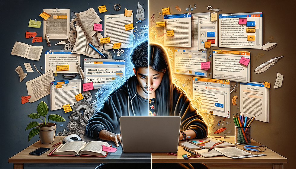 A split-screen image showing two students studying the same PDF document. On the left side, a frustrated student using only basic PDF features with messy, disorganized annotations. On the right side, a confident student efficiently using advanced PDF features with color-coded highlights, digital sticky notes, AI-generated summaries, and a clean sidebar with organized bookmarks.