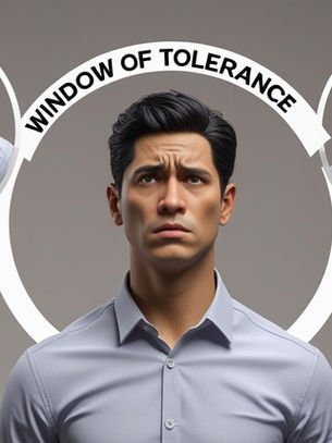 An illustration showing a person standing in the center of three concentric zones. The inner zone (labeled "Window of Tolerance") shows the person calm and balanced with a thoughtful expression. The upper zone (labeled "Hyperarousal") shows the same person with visible anxiety, tension, and overwhelm. The lower zone (labeled "Hypoarousal") shows the person appearing disconnected, foggy, and withdrawn. 