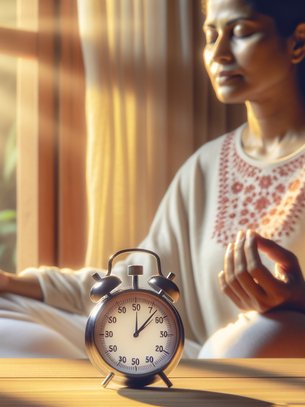 A serene image showing a person sitting comfortably in a sunlit room with closed eyes, taking a peaceful 5-minute meditation break. A small timer sits nearby, and soft morning light streams through the window, creating a calm, accessible atmosphere that conveys how simple it can be to incorporate meditation into daily life.
