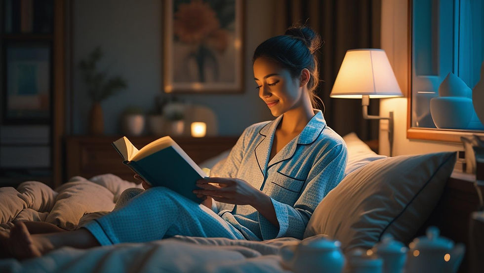 A serene bedroom scene in soft evening light showing the progression of a 30-minute wind-down routine: a person placing their phone in a drawer, doing gentle stretches beside the bed, reading a physical book with a warm cup of tea nearby, all elements arranged to convey a sense of calm transition from day to night.