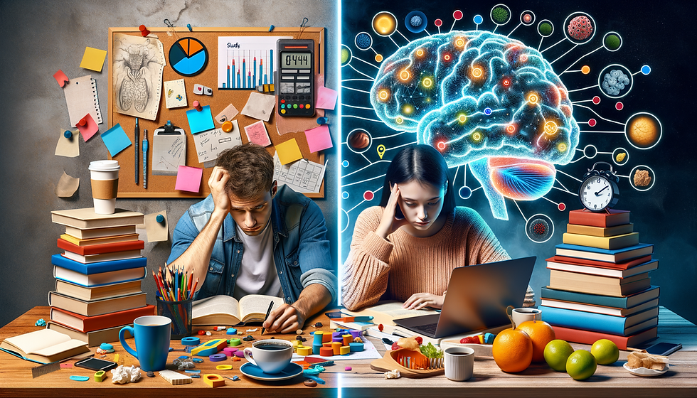 A split-screen image showing two contrasting study approaches. On the left: a stressed student surrounded by coffee cups during an all-night cramming session with books piled high, looking exhausted. On the right: a calm, focused student with a well-organized desk featuring a visual study schedule, color-coded notes, a timer for the Pomodoro Technique, and healthy snacks. 
