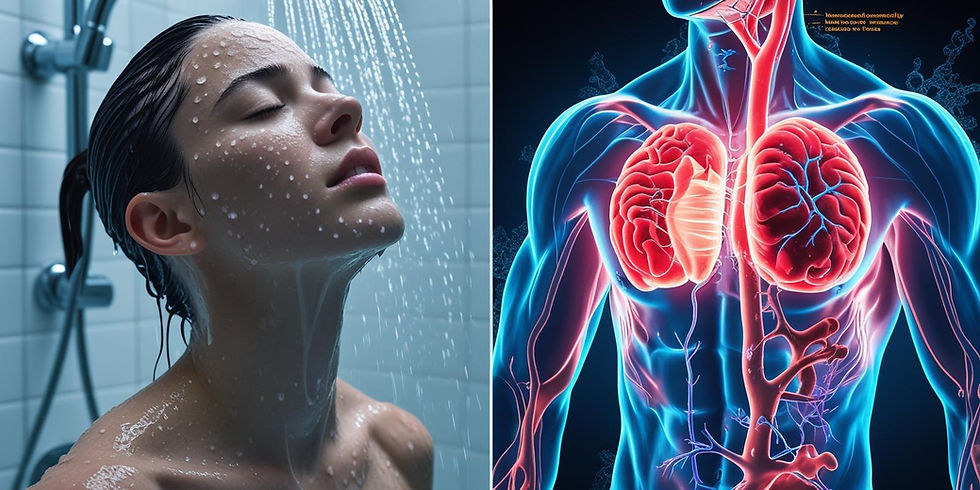Split-screen image showing two contrasting views of human wellness. On the left: A person with closed eyes standing under a rainfall shower in a modern bathroom, with water droplets visible on their face and wet hair, appearing peaceful and relaxed. On the right: A translucent anatomical illustration of a human torso and head against a dark blue background, showing the respiratory system highlighted in bright red and pink, including detailed lungs, airways, and breathing passages. The medical visualization appears to demonstrate the internal biological processes occurring during relaxation or breathing exercises. The juxtaposition suggests the connection between external wellness practices like showering and internal physiological benefits.