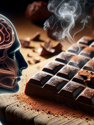 A close-up photograph of a broken square of dark chocolate with visible cacao nibs, placed beside a brain model with highlighted regions representing mood centers. Subtle vapor rises from the chocolate, symbolizing the aromatic compounds that affect brain chemistry. The image uses warm lighting to create an inviting, scientific yet approachable atmosphere.