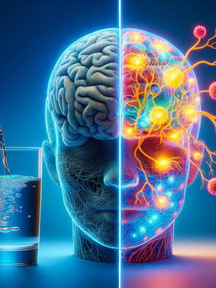 A split-screen image showing a dehydrated brain versus a well-hydrated brain, with visible differences in tissue appearance. The dehydrated side shows diminished neural activity visualized through color mapping, while the hydrated side displays vibrant neural connections and optimal activity patterns.