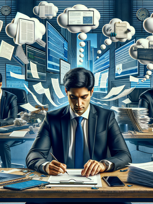 Person sitting surrounded by content and constantly switching between tasks