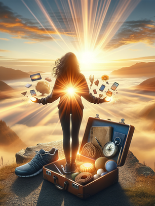 an image showing a person standing confidently on a mountain peak at sunrise, holding a metaphorical toolkit that contains items representing different resilience tools: a journal (for reflection), a phone (for connection), running shoes (for physical health), a meditation cushion (for mindfulness), and a compass (for purpose and direction). The person should appear strong yet serene, with rays of light illuminating the path ahead.