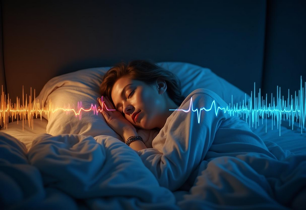 A visually compelling illustration showing the four stages of sleep in a cycle, with brain wave patterns visible for each stage. The image should include a person sleeping peacefully on one side with a split-view showing their brain activity cycling through different sleep stages represented by colorful wave patterns. Include subtle elements representing factors that optimize sleep: darkened room, ideal temperature (66°F displayed on a small thermometer), and a clock showing consistent sleep-wake times.
