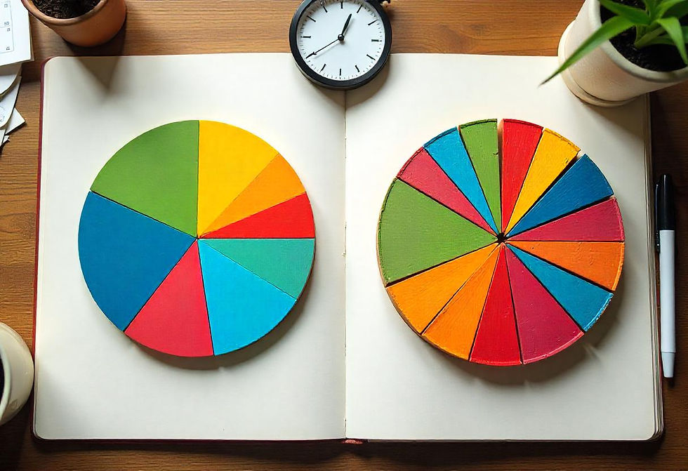 A split-screen image showing a person's perception of their daily time use versus reality. On the left side, show an organized, balanced pie chart with clear segments for work, exercise, family, etc. On the right side, show the reality: a messy pie chart with oversized segments for email, social media, and meetings, with tiny slivers for priorities. Include a stopwatch and calendar in the background to symbolize the time audit process.