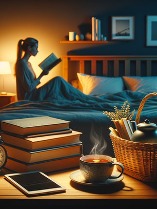 A serene bedroom scene at twilight with a nightstand featuring traditional items like books, a cup of herbal tea, and a simple alarm clock. In the foreground, a smartphone and tablet are placed in a "device basket" outside the bedroom door, emitting a subtle blue glow that contrasts with the warm amber lighting of the bedroom. The bed looks inviting with crisp linens, and a person is shown reading a physical book, looking peaceful and relaxed.