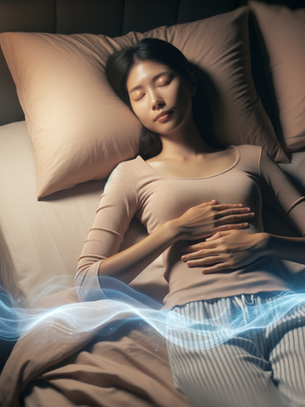 Person with eyes closed practicing breath awareness while lying in bed before sleep