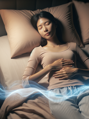 Person with eyes closed practicing breath awareness while lying in bed before sleep