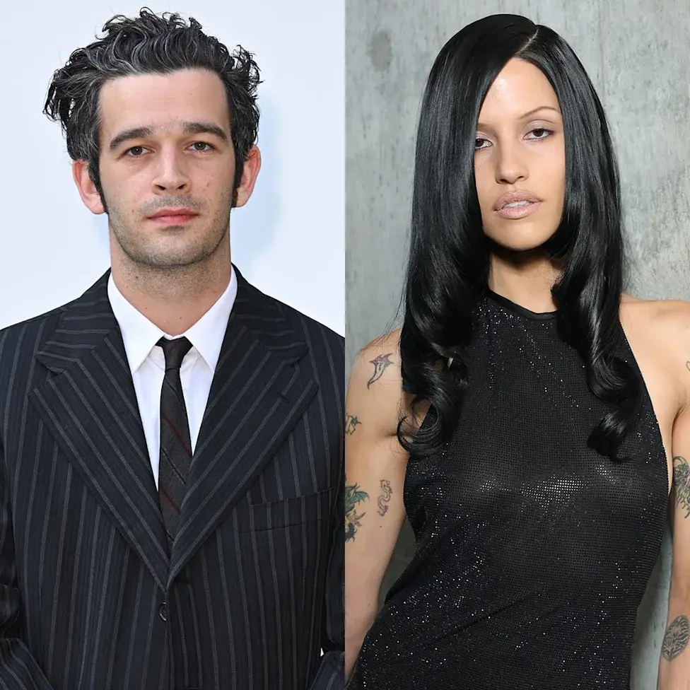Side-by-side portraits of Matty Healy in a pinstripe suit and Gabbriette in a black sparkly dress