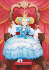 beautiful watercolour illustration of a little princess in gorgeous blue dress sitting on a red throne calling her servants with a bell