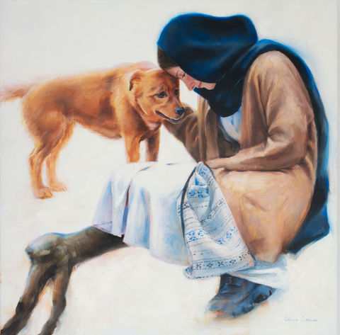 oil painting of young woman with head scarf lovingly petting her dog, classic academic style