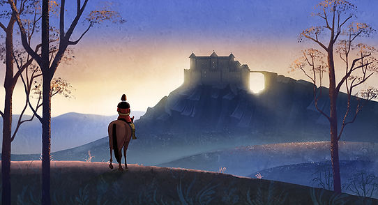 a young man on a horse riding towards a medieval castle, tones of blue and stylized flat shapes