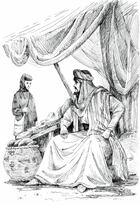 ink on paper illustration, ink hachure drawing, of Arab merchant selling bread and a Christian nun looking at his merchandise,