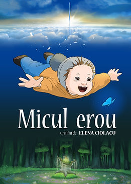 film poster of short animation about the adventures of a little boy, flying little boy chasing a butterfly and a magical forest above the clouds