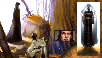 digital illustration in comic strip style showing Romanian Prince-Charming meeting an ancient fairy called Holy Friday,