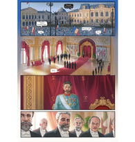 colour comic strip page, the Transylvanian delegation arrives in Bucharest at the Royal Palace to offer King Ferdinand I of Romanian the Act of Union. The delegation is welcomed by the enthusiastic people of Bucharest and is made up from bishop Iuliu Hossu, bishop Miron Cristea , Alexandru Vaida-Voievod and Vasile Goldiș.