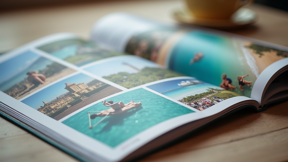 Close-up view of a travel brochure featuring popular tourist destinations