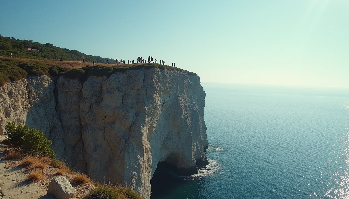 Wide angle view of Olumo Rock with tourists climbing