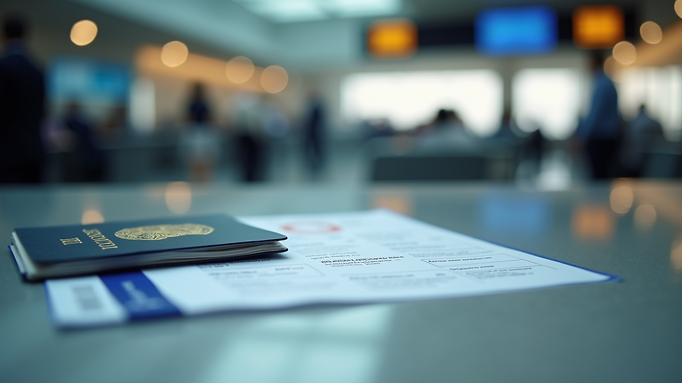 Close-up view of a boarding pass and passport on a travel desk