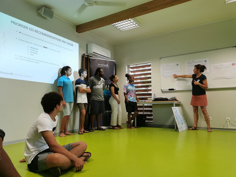 Facilitator Soizic Fleury explains ocean conservation issues during a Master Ocean Youth 30x30 workshop. Students from left to right: Samuel Babin, Thèmis Tiaiba, Kyo Gebelin, Emmanuel Keletaona, Maël Baillif, Zya Ngaiohni. © Pew Bertarelli Ocean Legacy