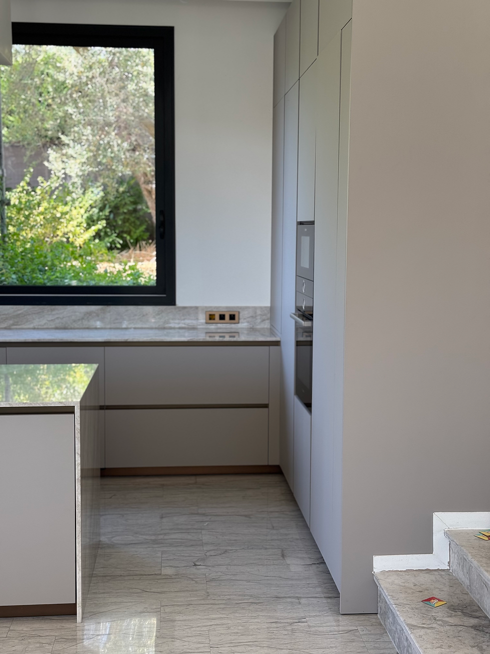 vue de profil d une cuisine imposante avec mur d'armoire et electroménagers encastré, la prise de vue se fait face à la grande fenetre