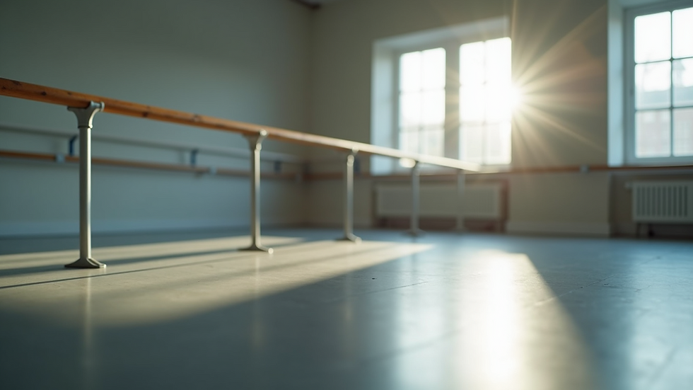 Close-up of a dance studio floor with ballet barre