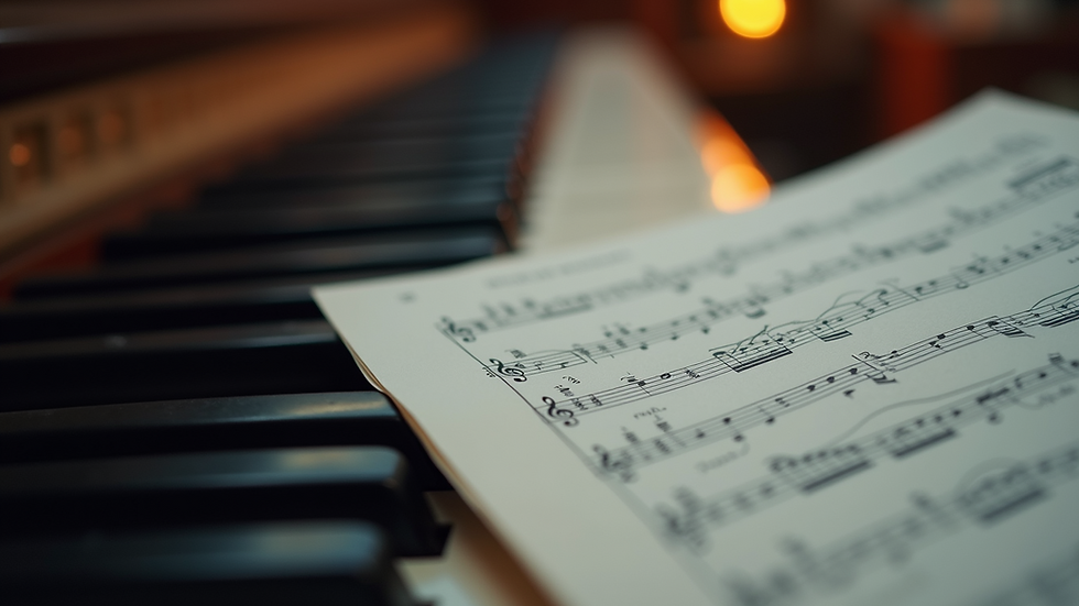 Close-up view of a piano keyboard with sheet music