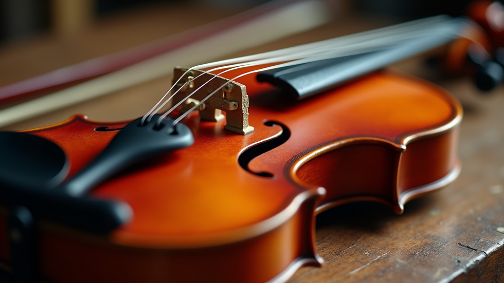 Close-up view of violin accessories including bow, rosin, and shoulder rest