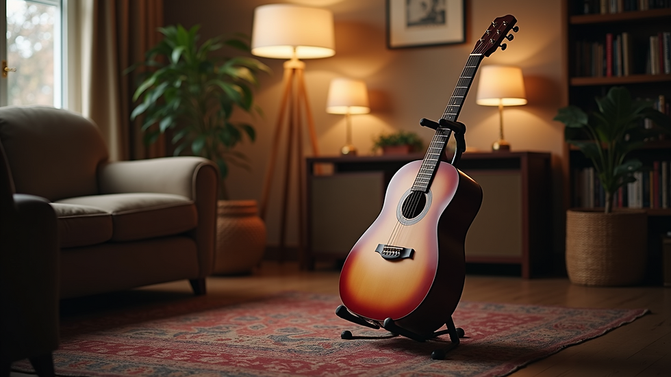 Eye-level view of a guitar leaning against a music stand in a cozy studio