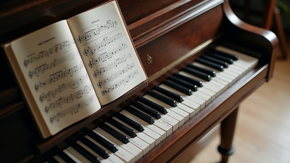 High angle view of a piano with music theory notes and a beginner’s workbook