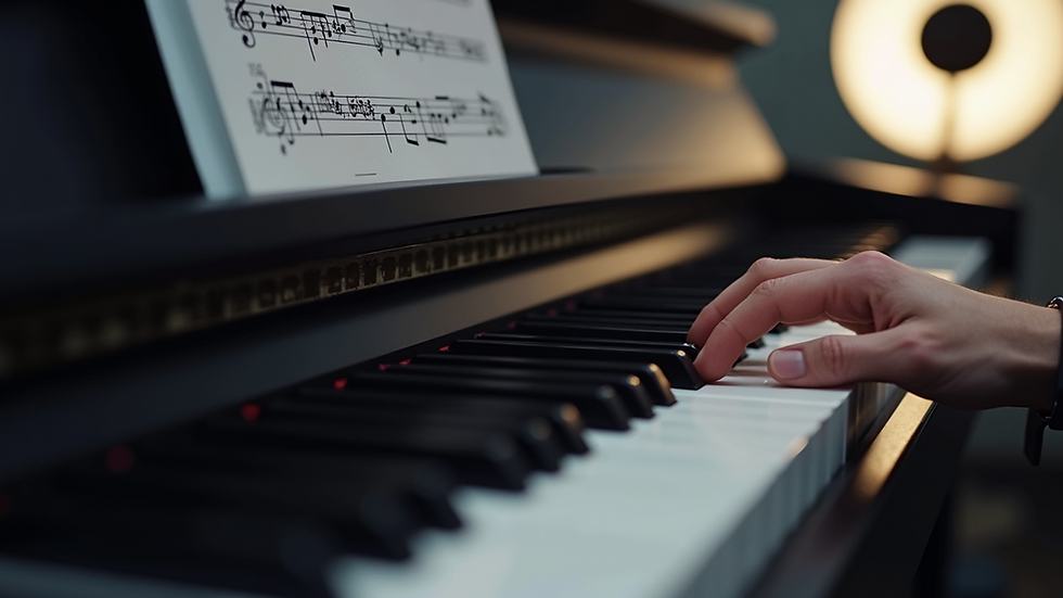 Eye-level view of a digital piano keyboard with virtual lesson on screen